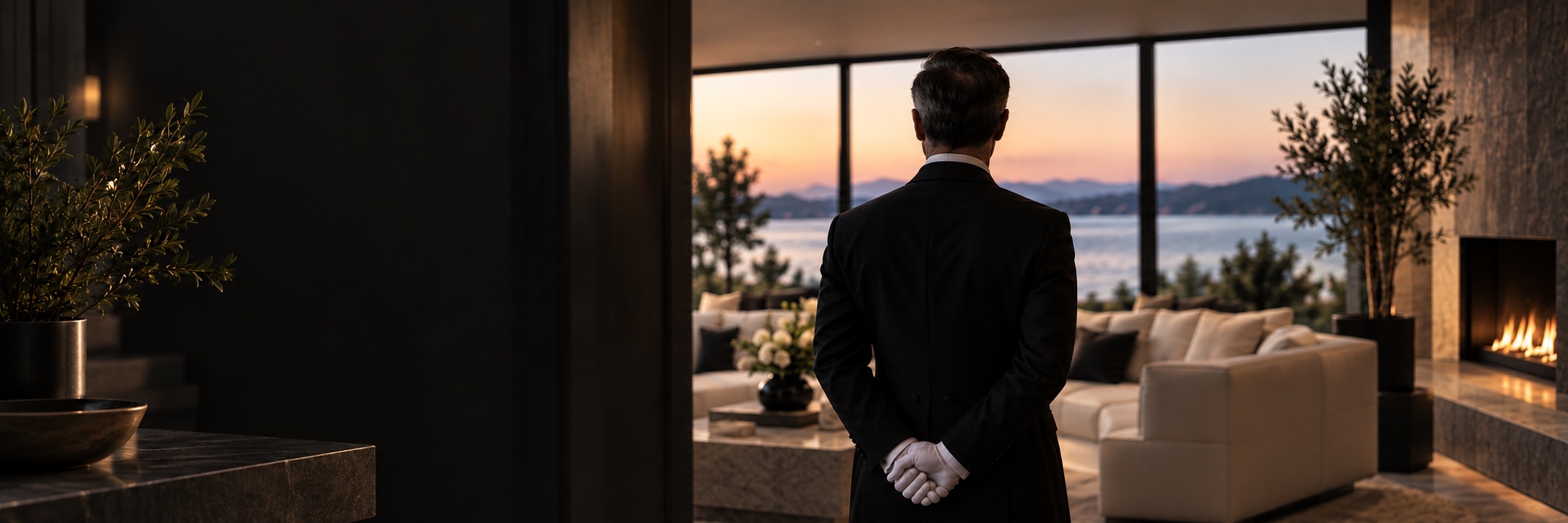 A private butler, viewed from behind, in an elegant modern waterfront home.