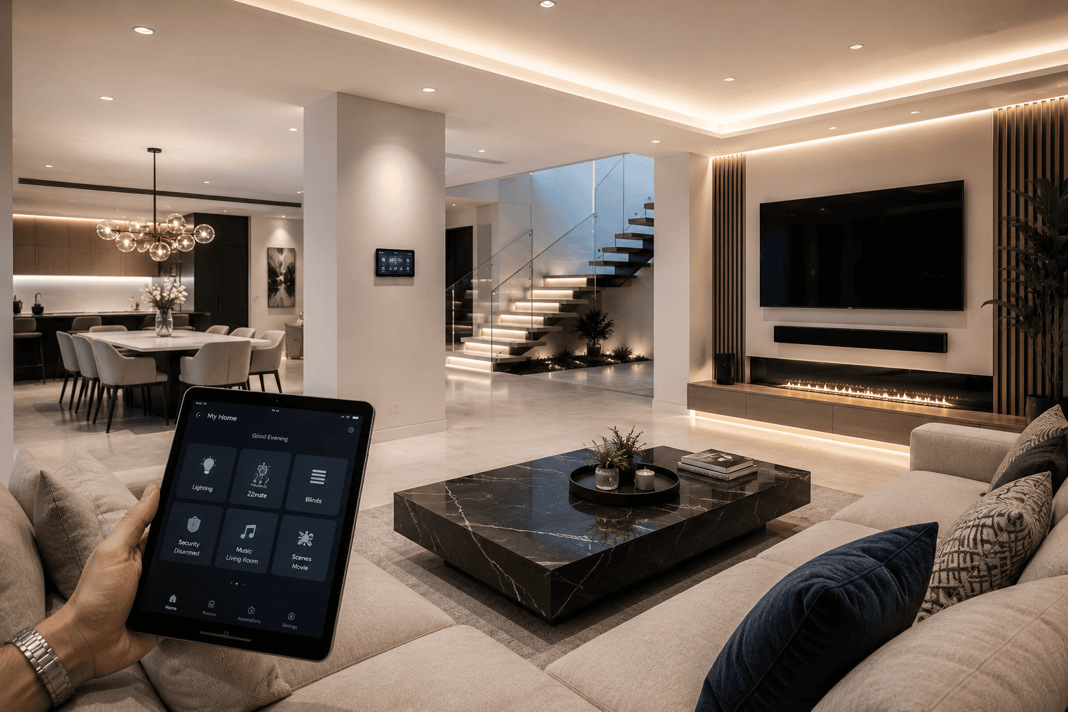 A luxurious connected living room with integrated lighting, entertainment and a handheld home-control tablet.