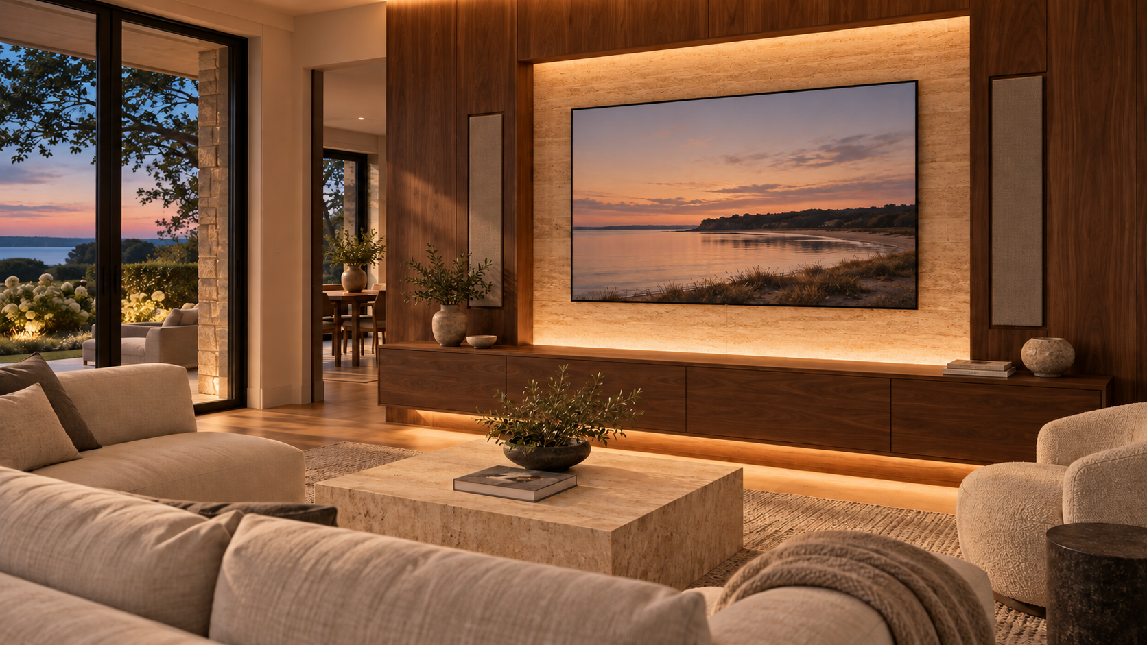 A refined living room with warm integrated lighting, discreet speakers and a wall-mounted display.